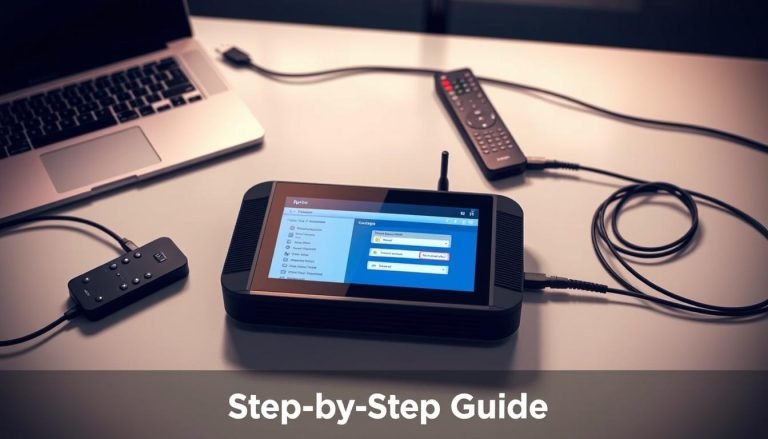 A modern, well-designed IPTV device on a minimalist desk, surrounded by a setup of a laptop, remote control, and cables. The device has a sleek, rectangular shape with clean lines and a matte black finish. The screen displays a user-friendly configuration interface, showcasing connectivity options and settings. Soft, indirect lighting illuminates the scene, creating a calm and professional atmosphere. The overall composition emphasizes the ease of setup and the simplicity of managing an IPTV subscription, aligning with the "Step-by-Step Guide" section of the article.