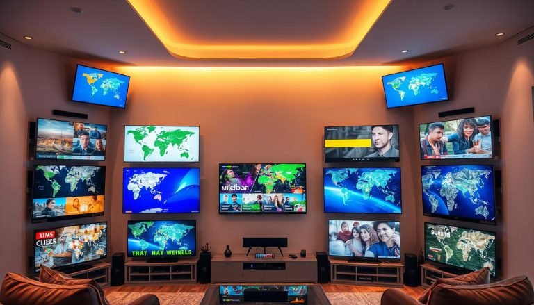 A vibrant global tapestry of international television channels, displayed on multiple high-definition screens in a modern, minimalist media room. The screens showcase diverse content from around the world, with clear, crisp images and dynamic, colorful graphics. The room is bathed in warm, diffused lighting, creating a cozy, inviting atmosphere. The layout is symmetrical and balanced, with the screens arranged in an eye-catching, visually pleasing manner. The overall scene conveys a sense of cultural interconnectedness, technological sophistication, and the ability to access a wide array of international programming.